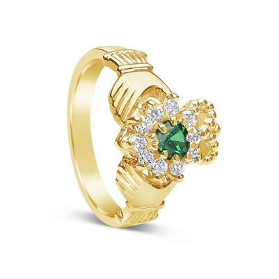 10k Yellow Gold Diamond & Emerald Claddagh Ring 12.2mm