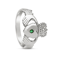 10k White Gold Men's Emerald Large Claddagh Ring 14mm