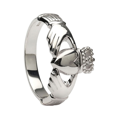 14k White Gold Heavy Small Claddagh Ring 10.2mm