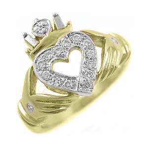 14k Yellow Gold Ladies Diamond Claddagh Ring