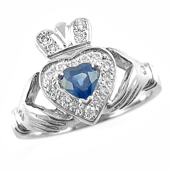 14k White Gold Ladies Sapphire & Diamond Claddagh Ring
