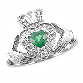 14k White Gold Ladies Emerald & Diamond Claddagh Ring