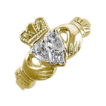 14k Yellow Gold Ladies Heart Shaped Diamond Claddagh Ring