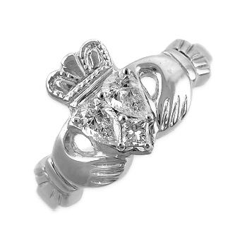 14k White Gold Ladies Heart Shaped Diamond Claddagh Ring