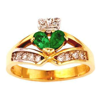 14k Yellow Gold Ladies Emerald & Diamond Claddagh Ring