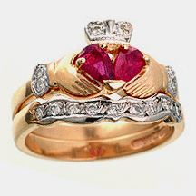 14k Yellow Gold Ruby & Diamond Claddagh Engagement Ring & Wedding Ring Set