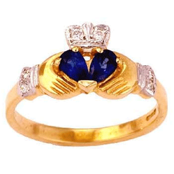14k Yellow Gold Split Heart Ladies Sapphire & Diamond Claddagh Ring