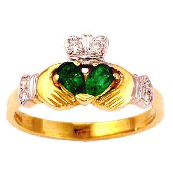 14k Yellow Gold Split Heart Ladies Emerald & Diamond Claddagh Ring