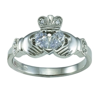 14k White Gold Split Heart Ladies Diamond Claddagh Ring