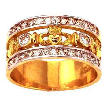 14k Yellow Gold Ladies Double Row Diamond Claddagh Ring