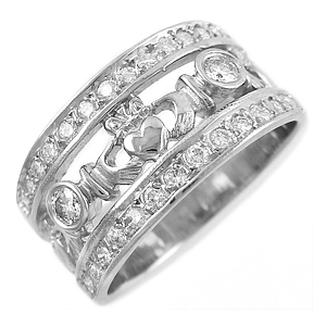 14k White Gold Ladies Double Row Diamond Claddagh Ring
