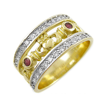 14k Yellow Gold Ladies Double Row Ruby & Diamond Claddagh Ring 10.5mm
