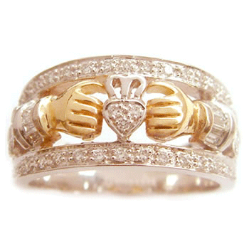 14k Yellow Gold Ladies Fancy Diamond Claddagh Ring