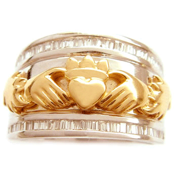 14k Yellow & White Gold Ladies Double Row Emerald Cut Diamond Claddagh Ring 10mm