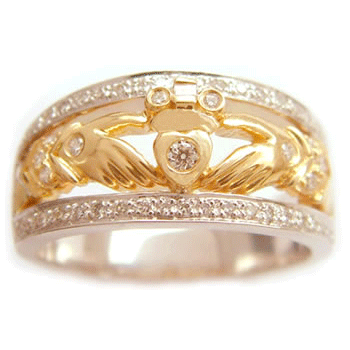 14k Yellow & White Gold Ladies Double Row Diamond Claddagh Ring