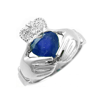 14k White Gold Ladies Sapphire & Diamond Claddagh Ring