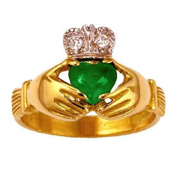 14k Yellow Gold Ladies Emerald & Diamond Claddagh Ring