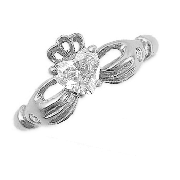 14k White Gold Ladies Heart Shaped Diamond Claddagh Ring