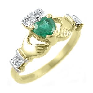 14k Yellow Gold Ladies Emerald & Channel Set Diamond Claddagh Ring