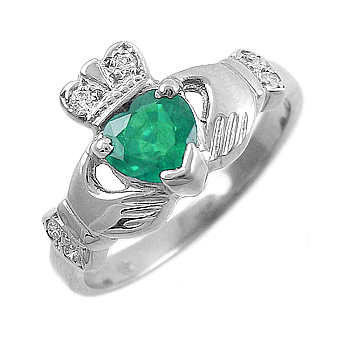 14k White Gold Ladies Heart Shaped Emerald & Diamond Claddagh Ring 10mm