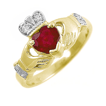 14k Yellow Gold Ladies Heart Shaped Ruby & Diamond Claddagh Ring 10mm
