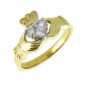 14k Yellow Gold Ladies 3 Stone Heart Diamond Claddagh Ring 11mm