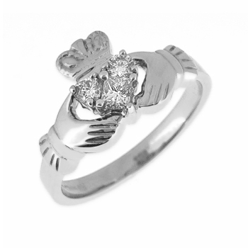 14k White Gold Ladies 3 Stone Heart Diamond Claddagh Ring 11mm