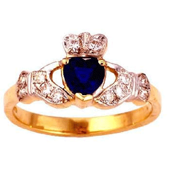 14k Yellow Gold Ladies Heart Shaped Sapphire & Diamond Claddagh Ring 10mm