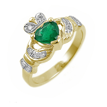 14k Yellow Gold Ladies Heart Shaped Emerald & Diamond Claddagh Ring 10mm