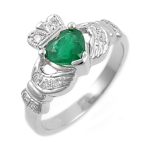 14k White Gold Ladies Heart Shaped Emerald & Diamond Claddagh Ring 10mm