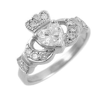 14k White Gold Ladies Heart Shaped Diamond Claddagh Ring 10mm