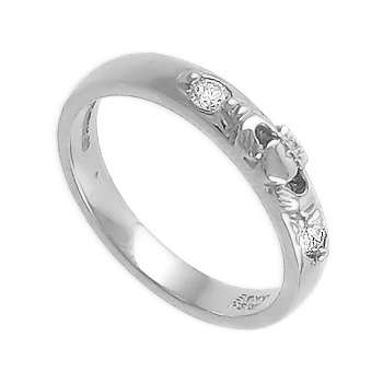 14k White Gold Ladies 2 Stone Diamond Claddagh Wedding Ring 4mm