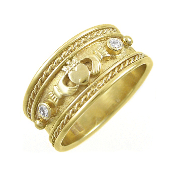14k Yellow Gold Ladies Diamond Wide Roman Style Claddagh Ring 10mm