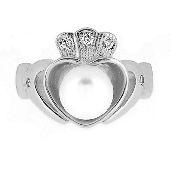 14k White Gold Ladies Pearl & Diamond Claddagh Ring