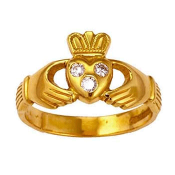 14k Yellow Gold Ladies Heart Shaped Diamond Claddagh Ring 12mm