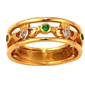 14k Yellow Gold Ladies 3 Stone Emerald & Diamond Claddagh Ring 7mm