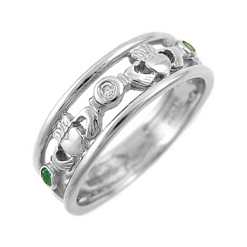 14k White Gold Ladies 3 Stone Emerald & Diamond Claddagh Ring 7mm