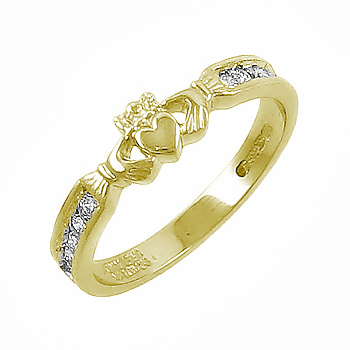 14k Yellow Gold Ladies Channel Set Diamond Claddagh Ring 5mm