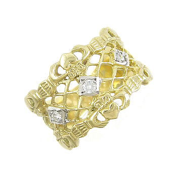 14k Yellow Gold Ladies 3 Stone Princess Cut Diamond Claddagh Ring 7mm
