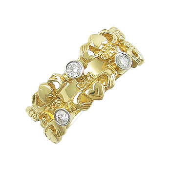 14k Yellow Gold Ladies 3 Stone Double Row Diamond Claddagh Ring