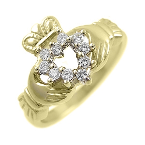 14k Yellow Gold Ladies Diamond Claddagh Ring