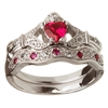 14k White Gold Ruby Set Heart Claddagh Ring & Wedding Ring Set