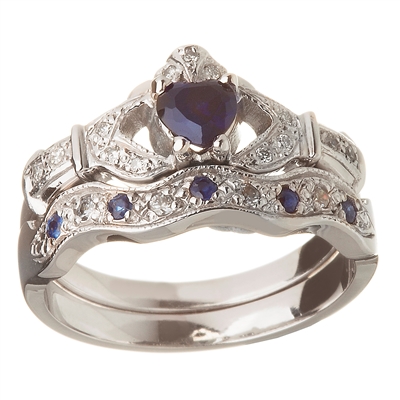 14k White Gold Sapphire Set Heart Claddagh Ring & Wedding Ring Set