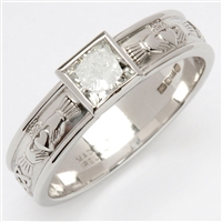 14k White Gold Ladies Solitaire Diamond Claddagh Ring