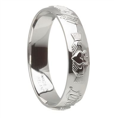 18k White Gold Men's Claddagh Celtic Wedding Ring 5.5mm - Comfort Fit
