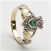 14k Yellow Gold Green Agate & CZ Cluster Claddagh Ring 13mm