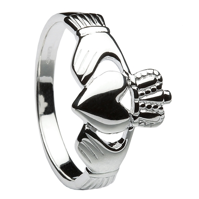 14K White Gold Traditional Heavy Men's Claddagh Ring 14mm