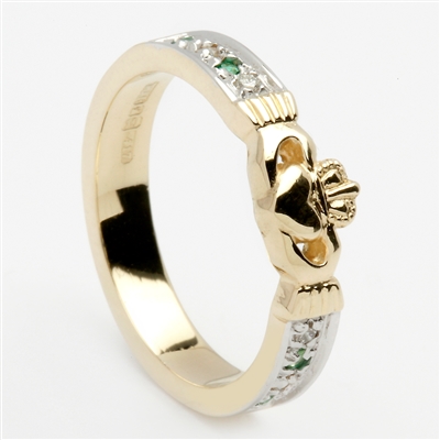 14k Yellow Gold Emerald & Diamond Ladies Claddagh Ring 5mm