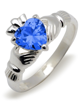 Sterling Silver Synthetic Blue Topaz (Dec) Birthstone Claddagh Ring 9mm