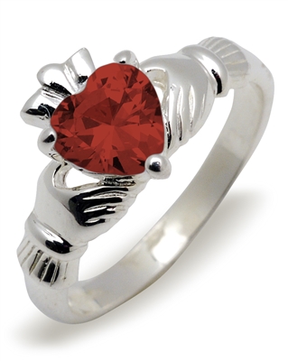 Sterling Silver Synthetic Garnet (Jan) Birthstone Claddagh Ring 9mm